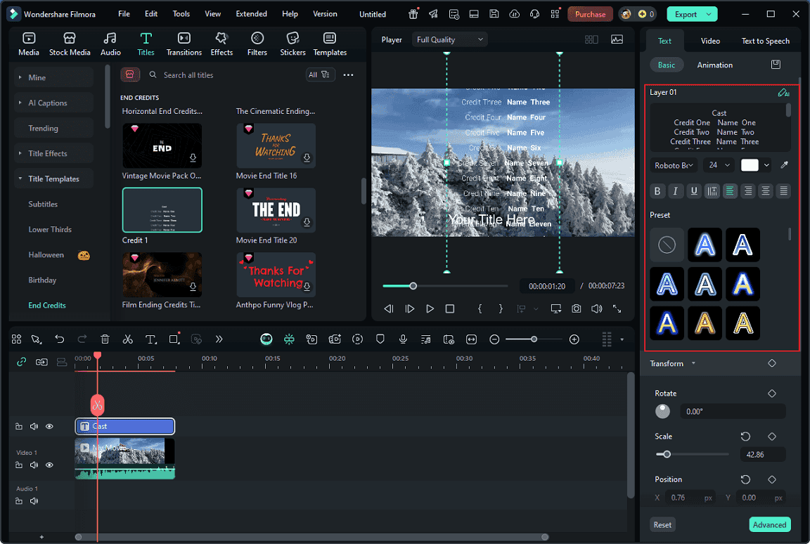 Edit the scrolling text in Wondershare Filmora