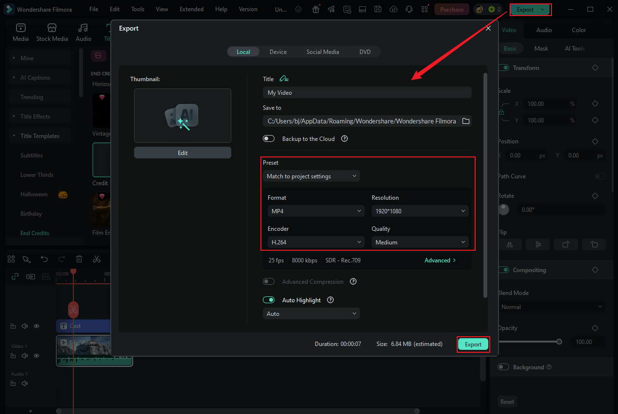 Configure the output video parameters and click Export in Wondershare Filmora to save the video
