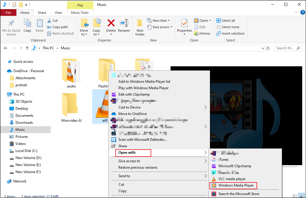 Open the AIFF file with Windows Media Player from File Explorer