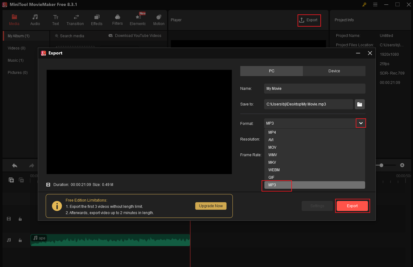 Set the output format as MP3 in MiniTool MovieMaker and export the file