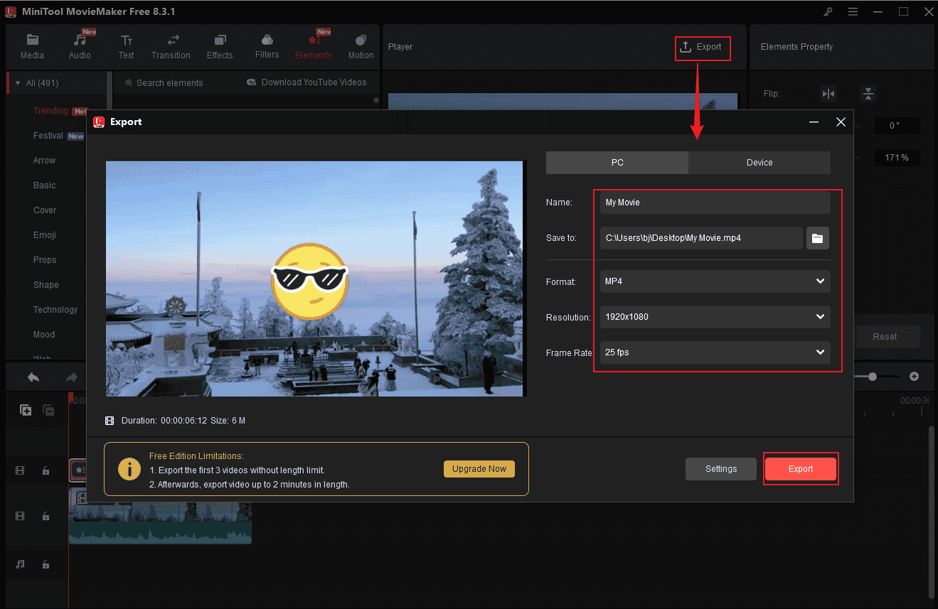 Customize the output parameters and click Export in MiniTool MovieMaker’s Export window to export the video