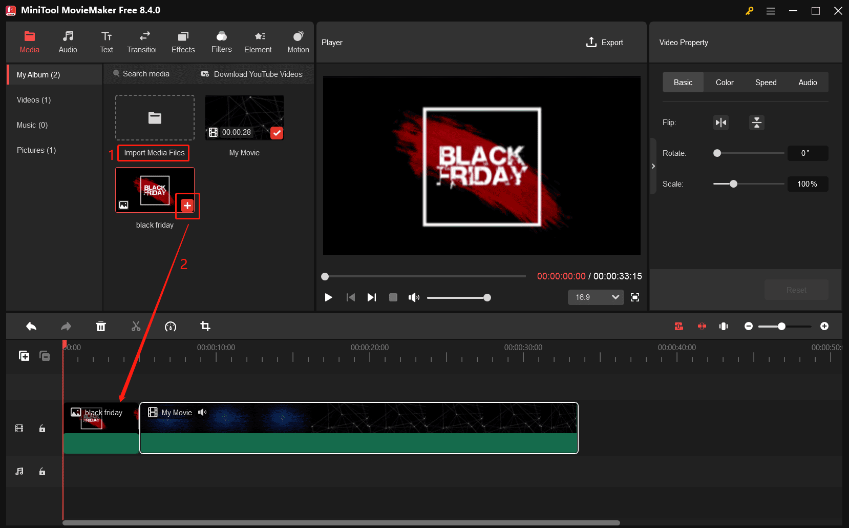 「Import Media Files」をクリックして動画や写真をMiniTool MovieMakerにインポートし、プラス(+)アイコンでタイムラインに追加