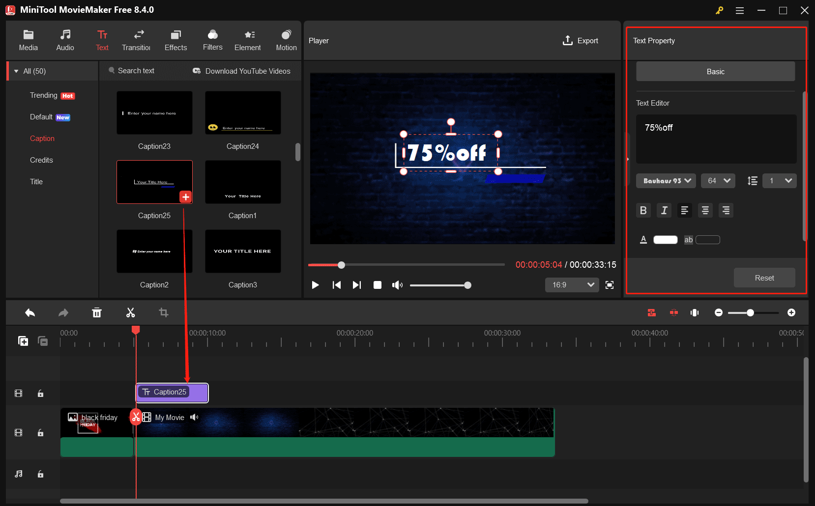 MiniTool MovieMakerの「Text」タブからキャプションテンプレートを選択して、「Text Property」で情報テキストを動画に追加・調整