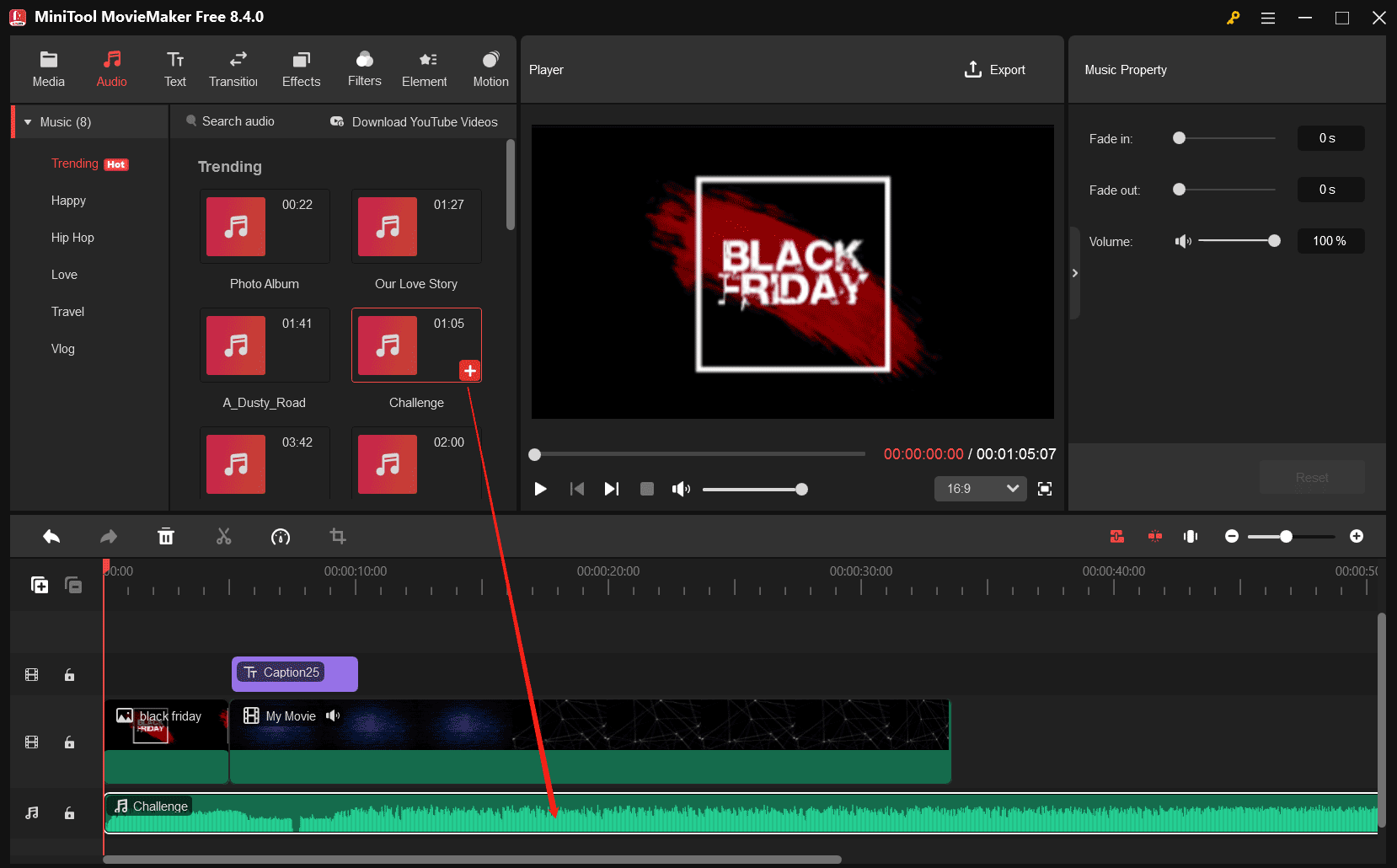 MiniTool MovieMakerの「Audio」の「Music」タブから音楽を見つけてダウンロードし、プラス(+)アイコンをクリックしてオーディオトラックに追加