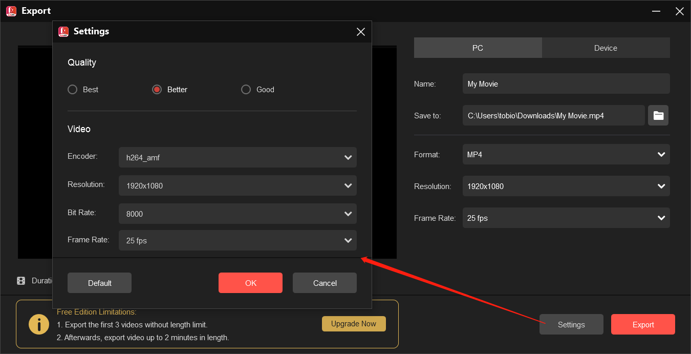 MiniTool MovieMakerの「Export」ボタンをクリックして、作成したブラックフライデー動画をコンピューターに保存