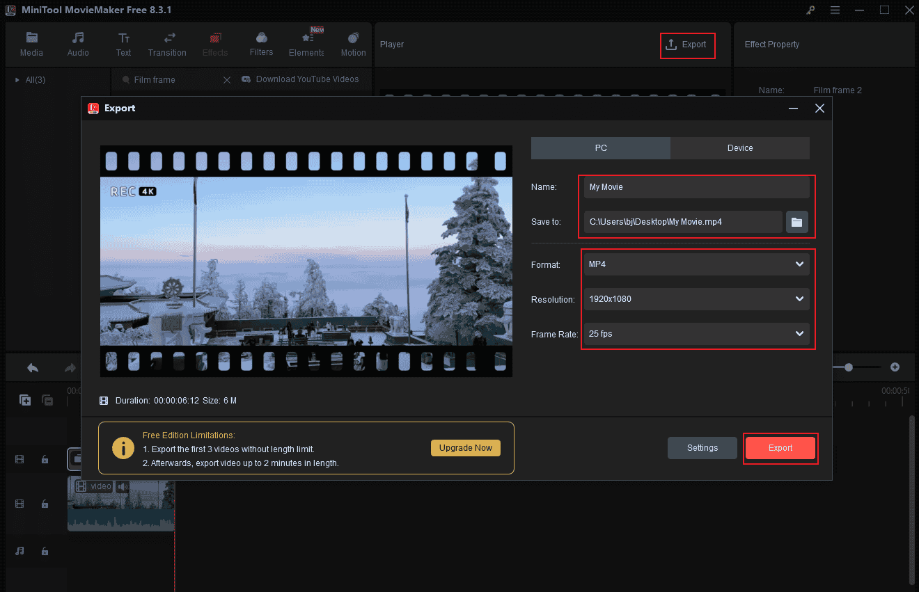 Adjust video parameters in MiniTool MovieMaker and export the video