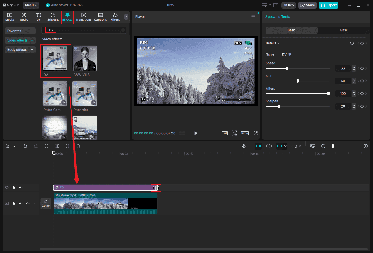 Add a camera recording effect to the video in CapCut