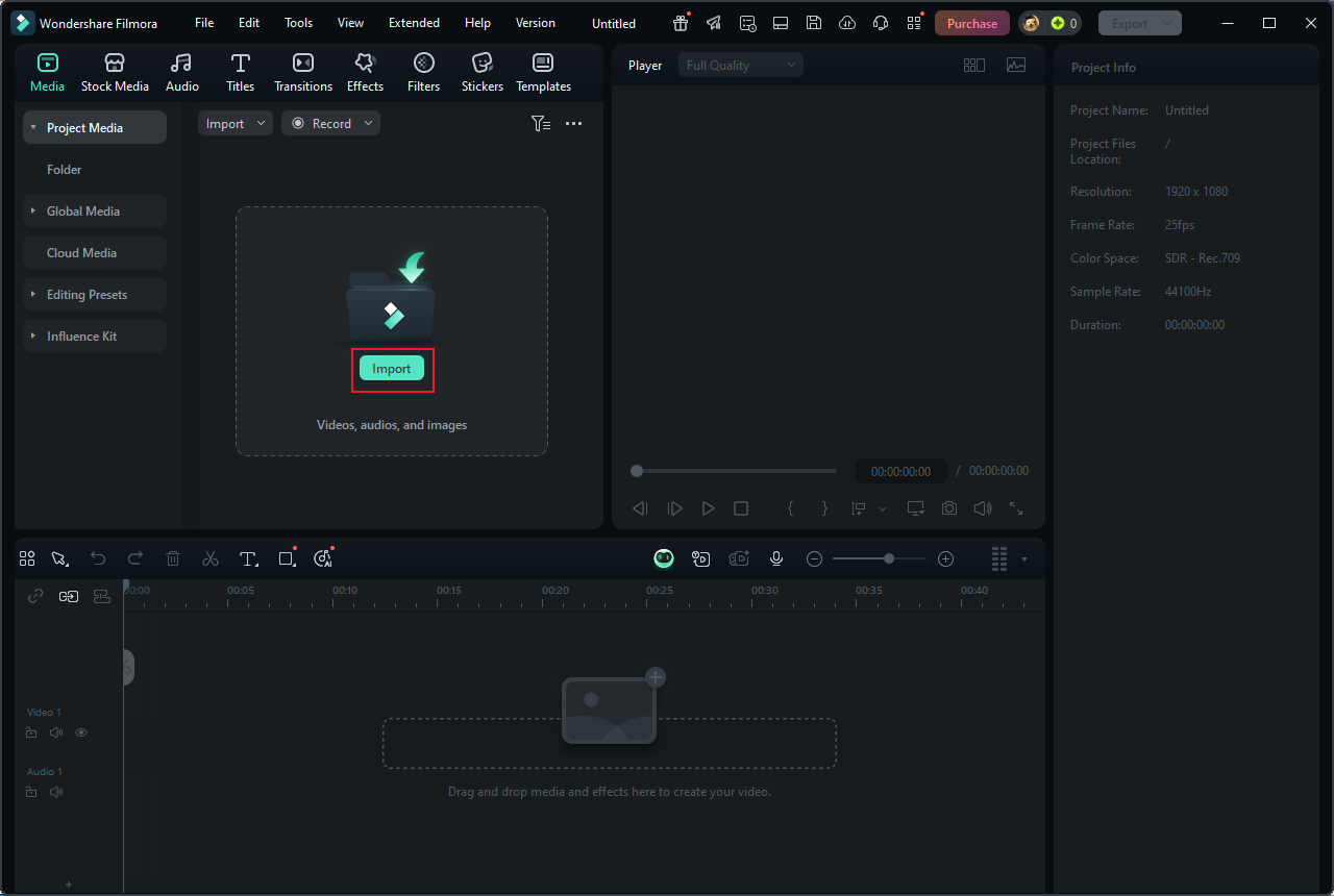Click Import to add the video to Wondershare Filmora