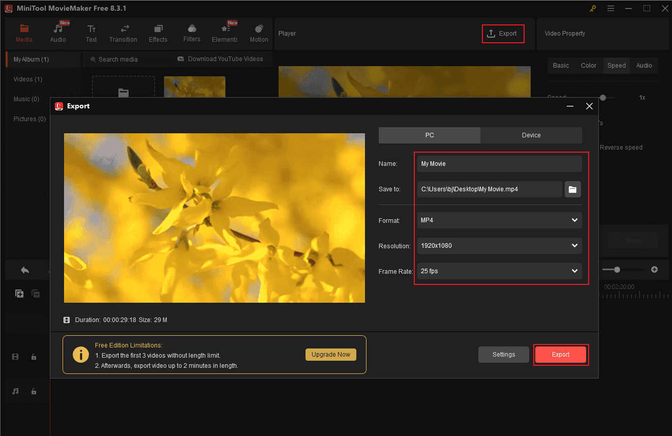 Set video parameters and click Export in MiniTool MovieMaker to export the video