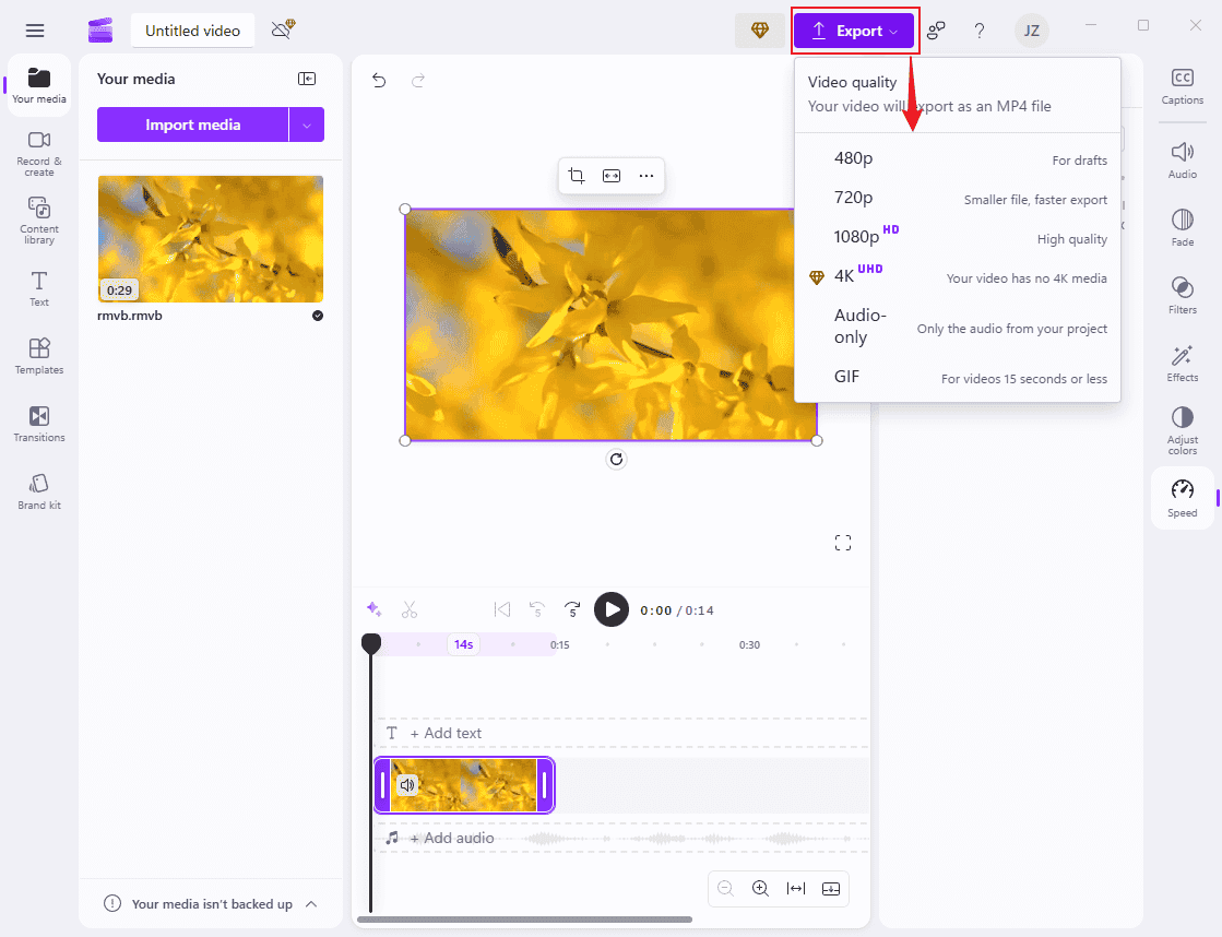 Choose the desired resolution and export the video in Clipchamp