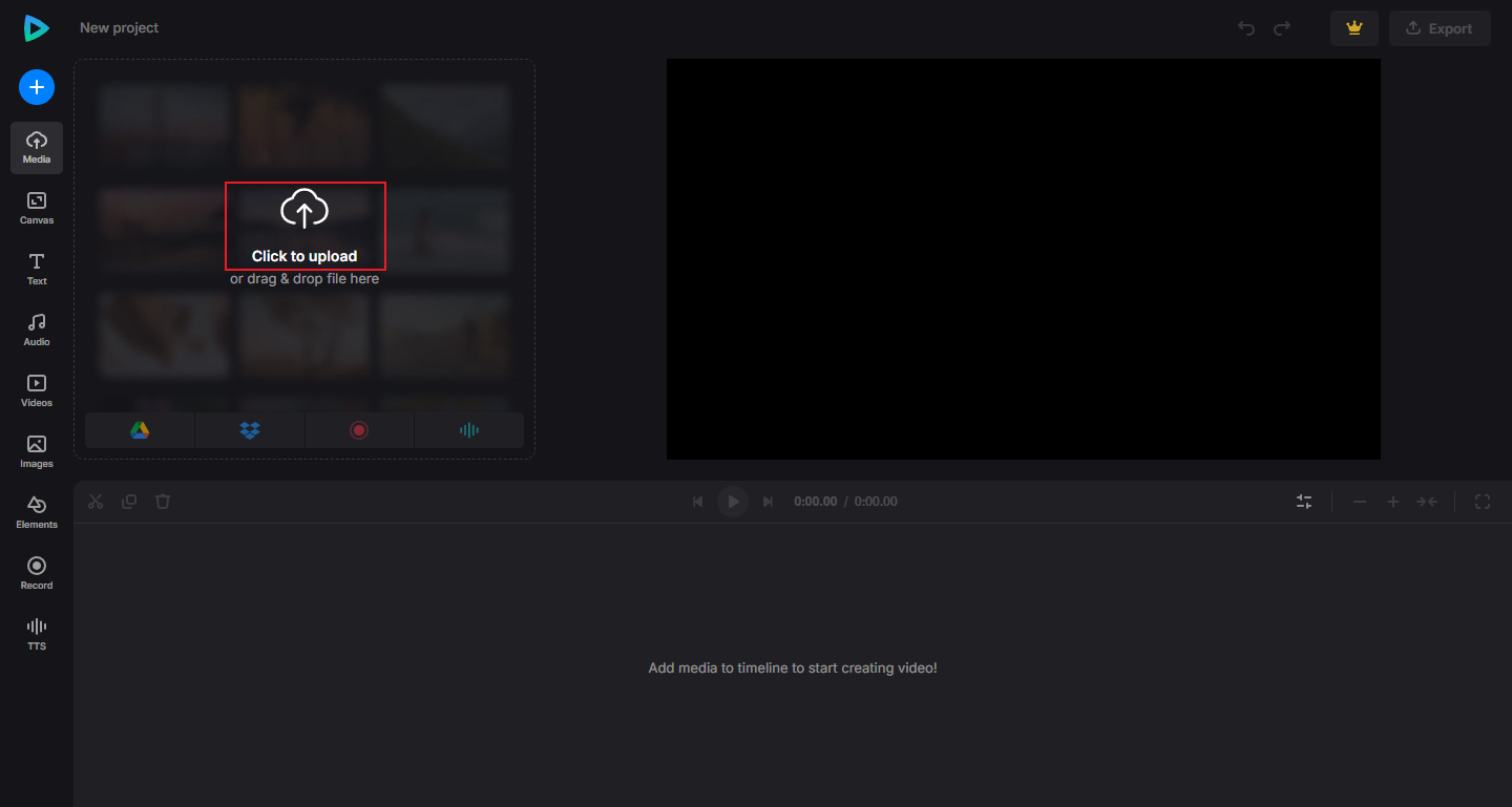 Click Click to upload to upload the RMVB video to Clideo