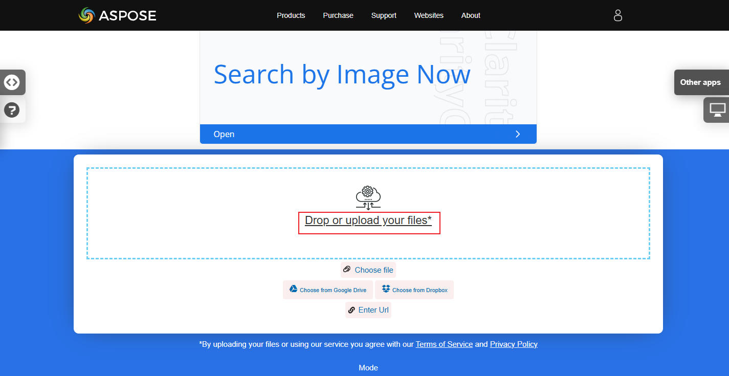 Click the Drop or upload your files option to add JPG images to Aspose