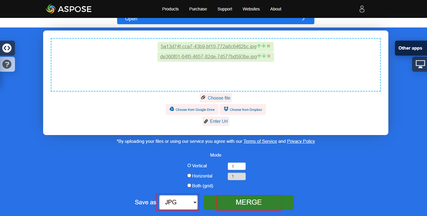 Click the MERGE option in Aspose to merge JPGs into one