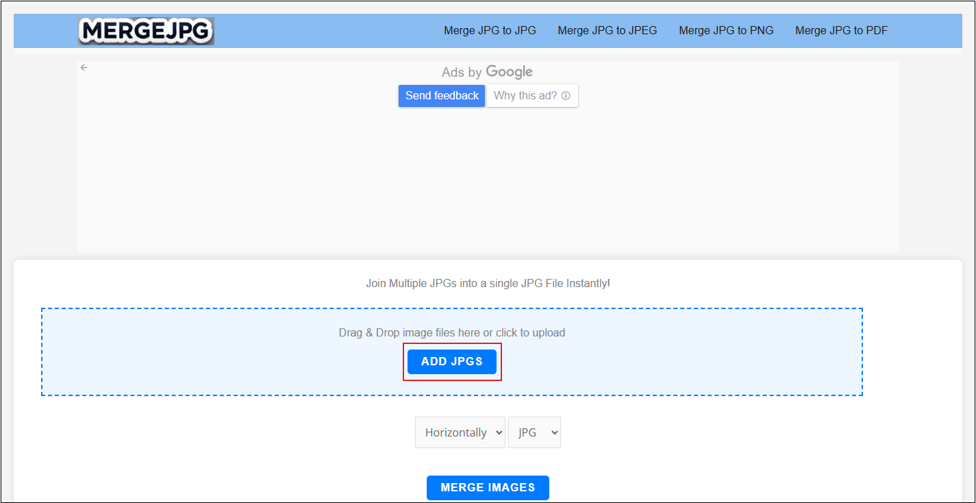 Click ADD JPGS to import your images to Merge JPG