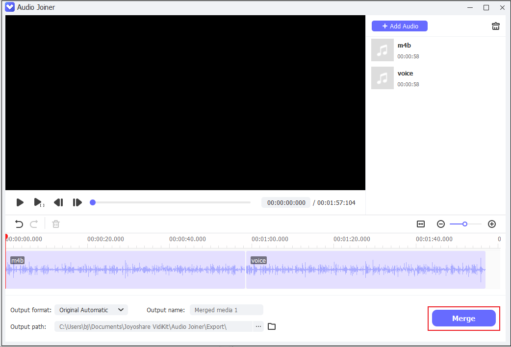Click Merge in Joyoshare VidiKit to export the combined audio file