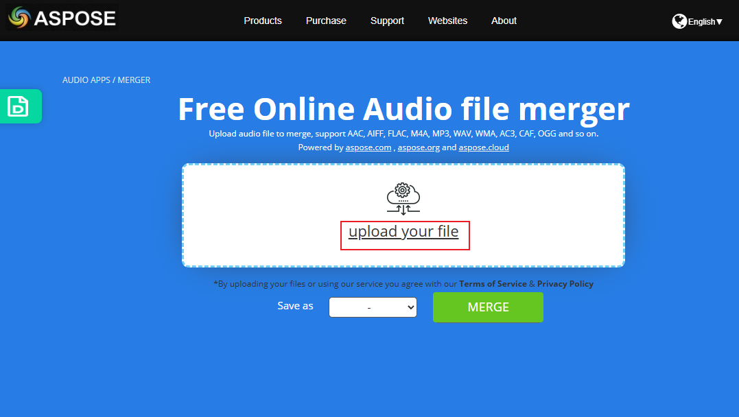 Click the upload your file option to add the M4B files to Aspose