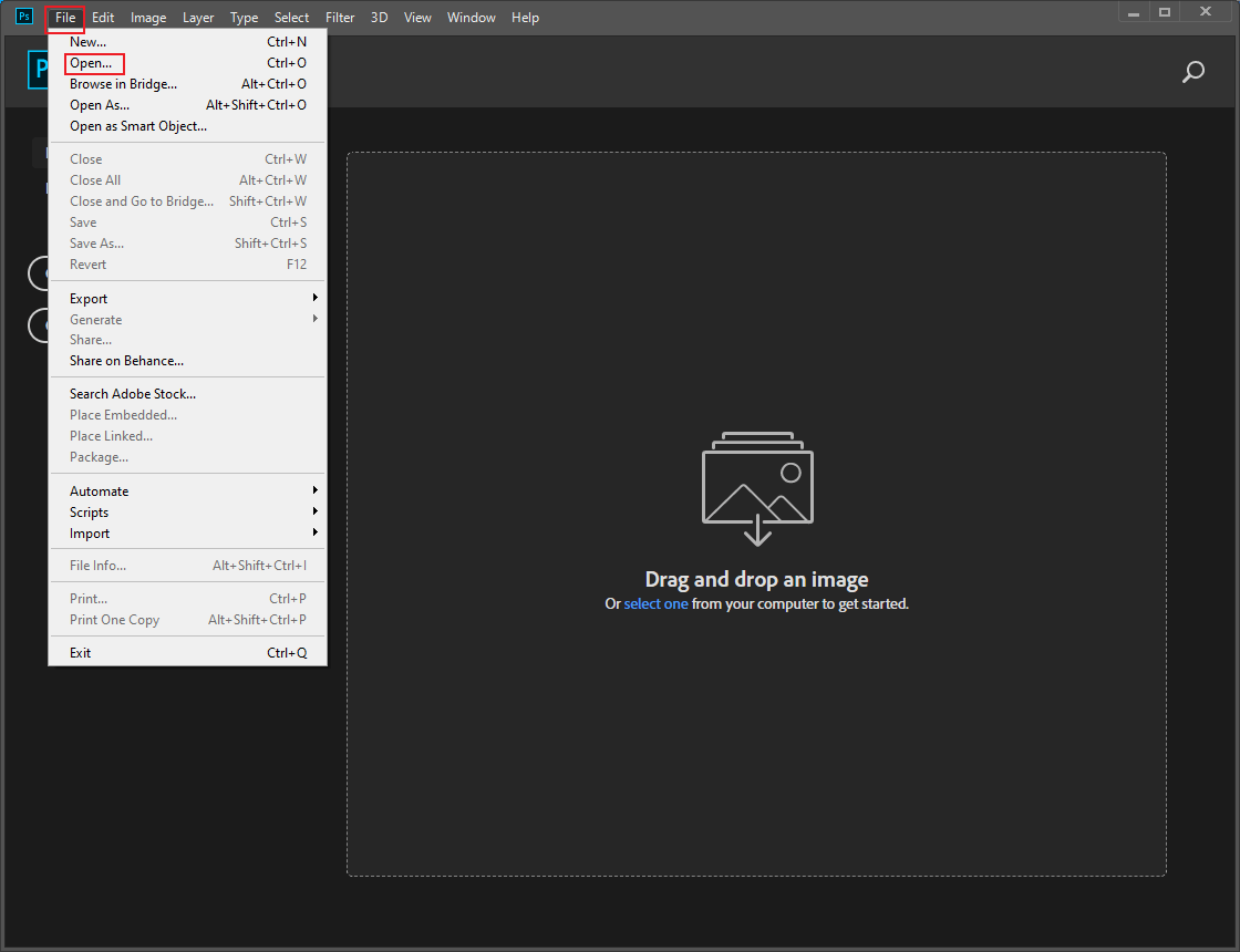 Click File and Open to import the image into Photoshop