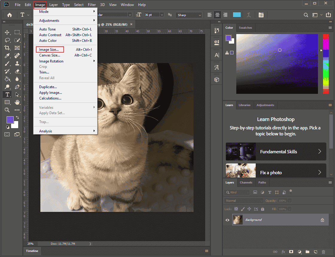 Click Image and click Image Size in Photoshop to enter the Image Size section