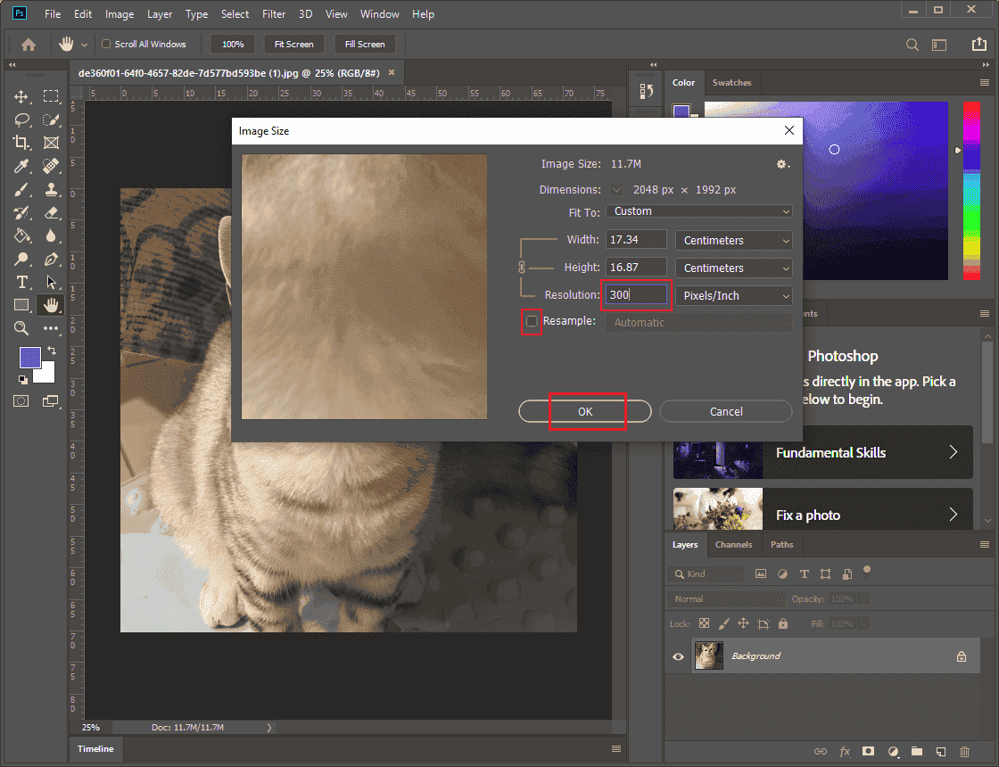 Uncheck the Resample option and input 300 to the Resolution box in Photoshop