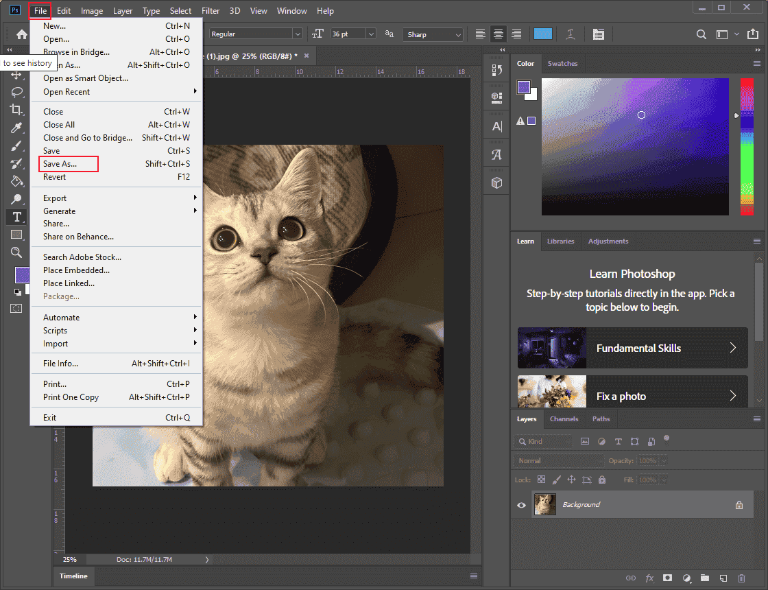 Click Files and Save As in Photoshop to save the image