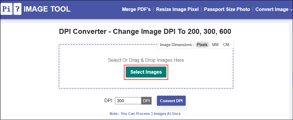 Click Select Images to import your image to Pi7 Image Tool