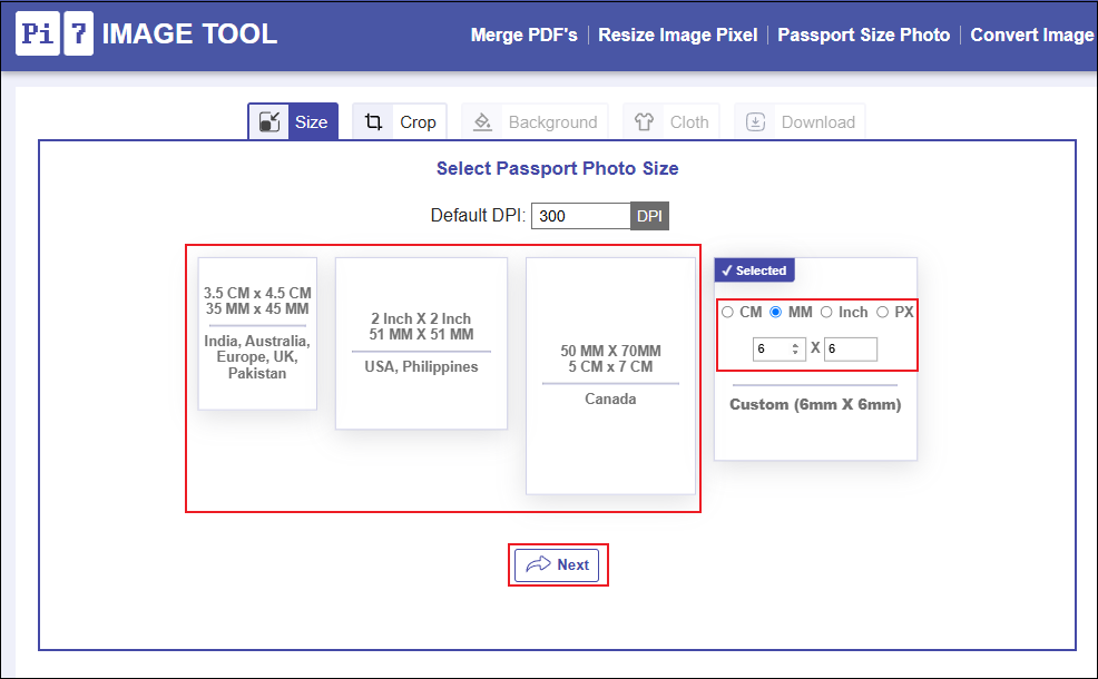 Configure the photo size in Pi7 Image Tool for a passport