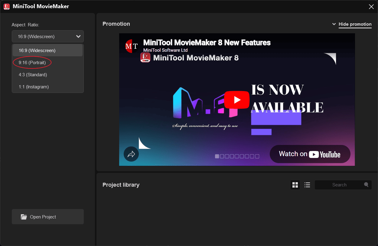 Set the aspect ratio to 9:16 in MiniTool MovieMaker