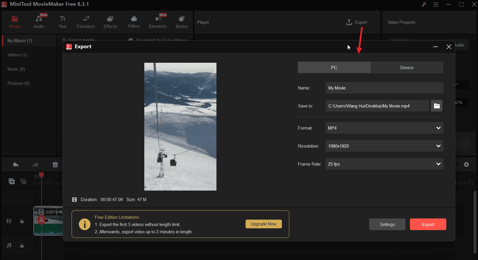 Export the vertical video from MiniTool MovieMaker