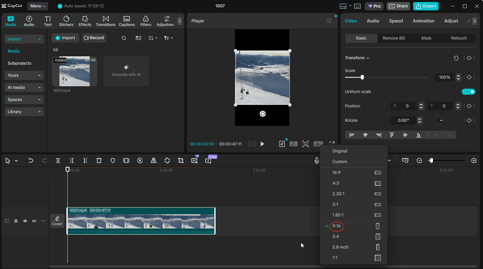 Select the 9:16 aspect ratio in CapCut