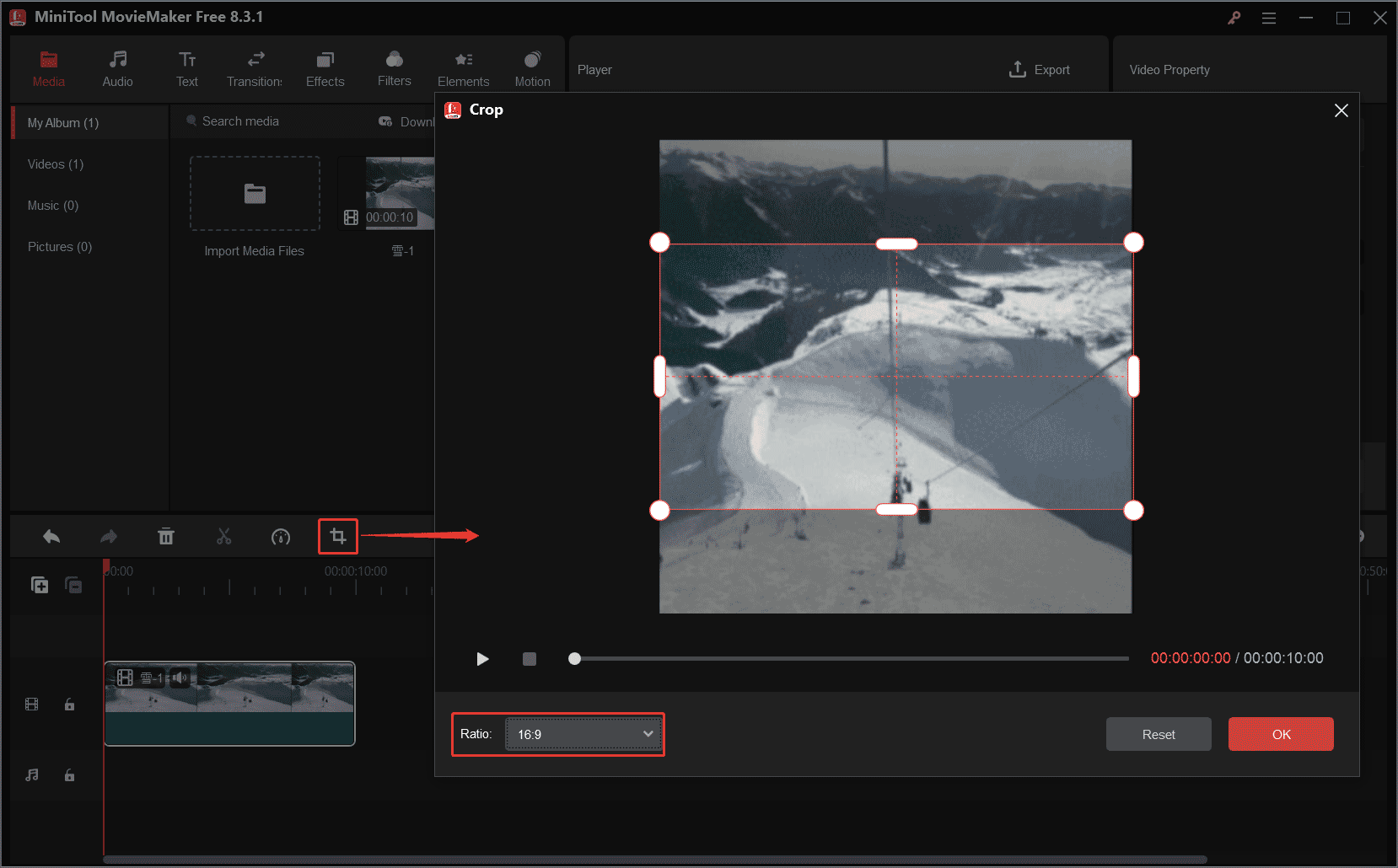 クロップアイコンをクリックして16:9のアスペクト比で動画をクロップ