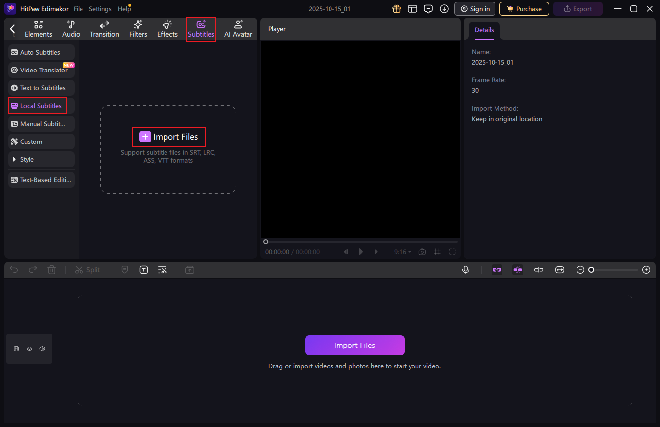 Click on Subtitles from the top menu, choose Local Subtitles, and click Import Files to add the target VTT file in HitPaw Edimakor