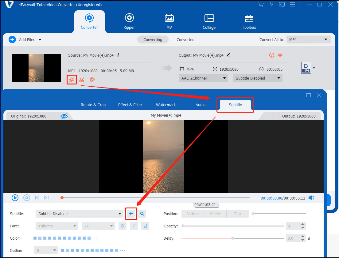Click the Edit icon, go to Subtitle, and click the + icon next to the Subtitle option to import the target VTT file to 4Easysoft Total Video Converter
