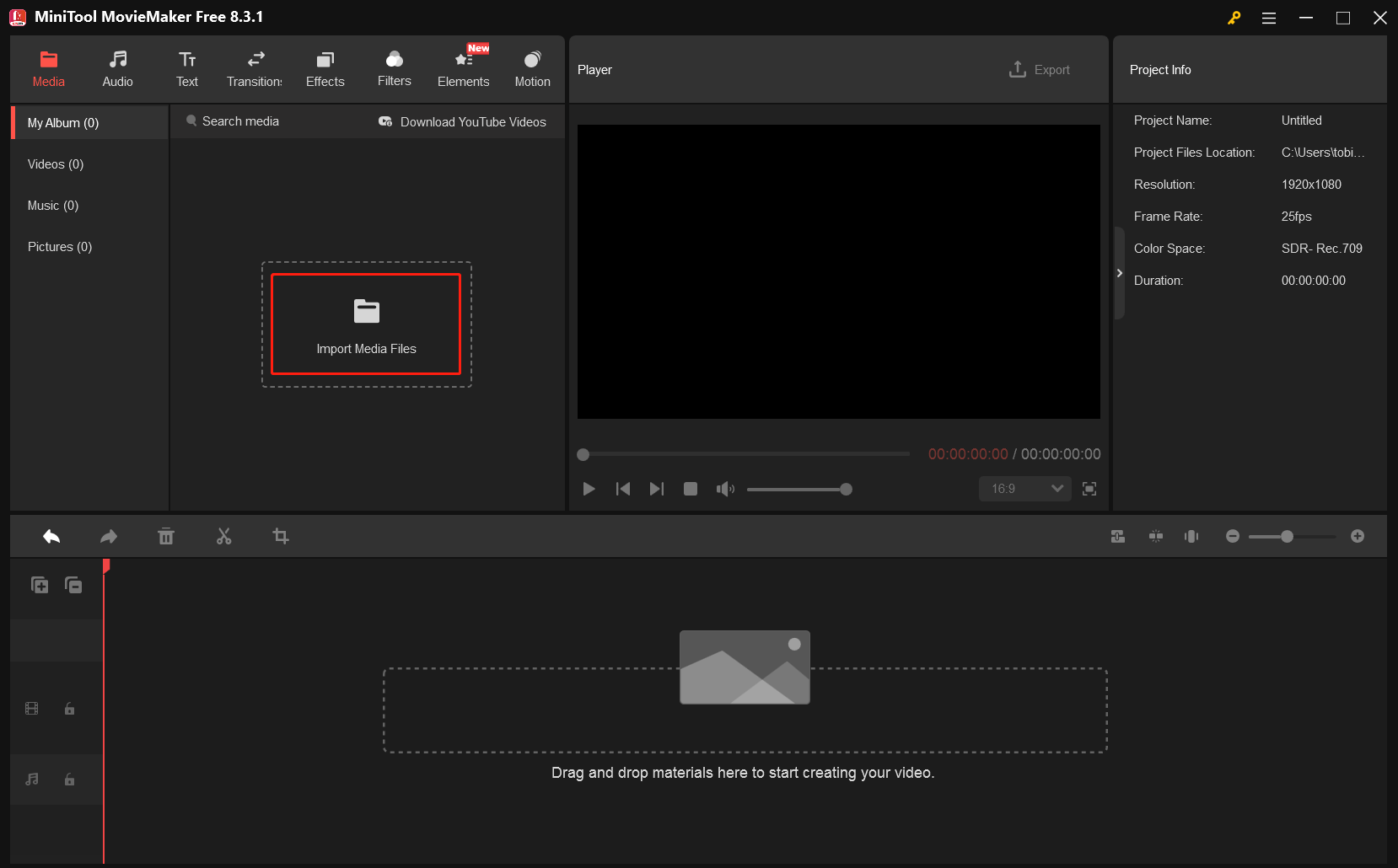 MiniTool MovieMakerで「Import Media Files」をクリックし、VOB動画をインポート