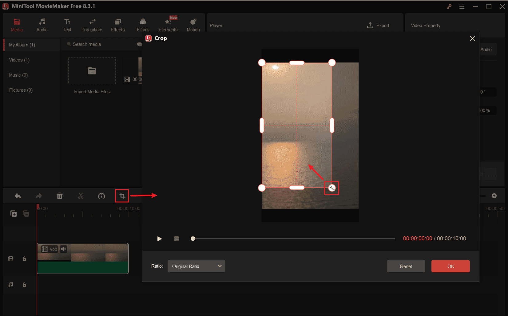 クロップアイコンをクリックし、ダブルアローアイコンを内側にドラッグしてVOB動画をクロップ