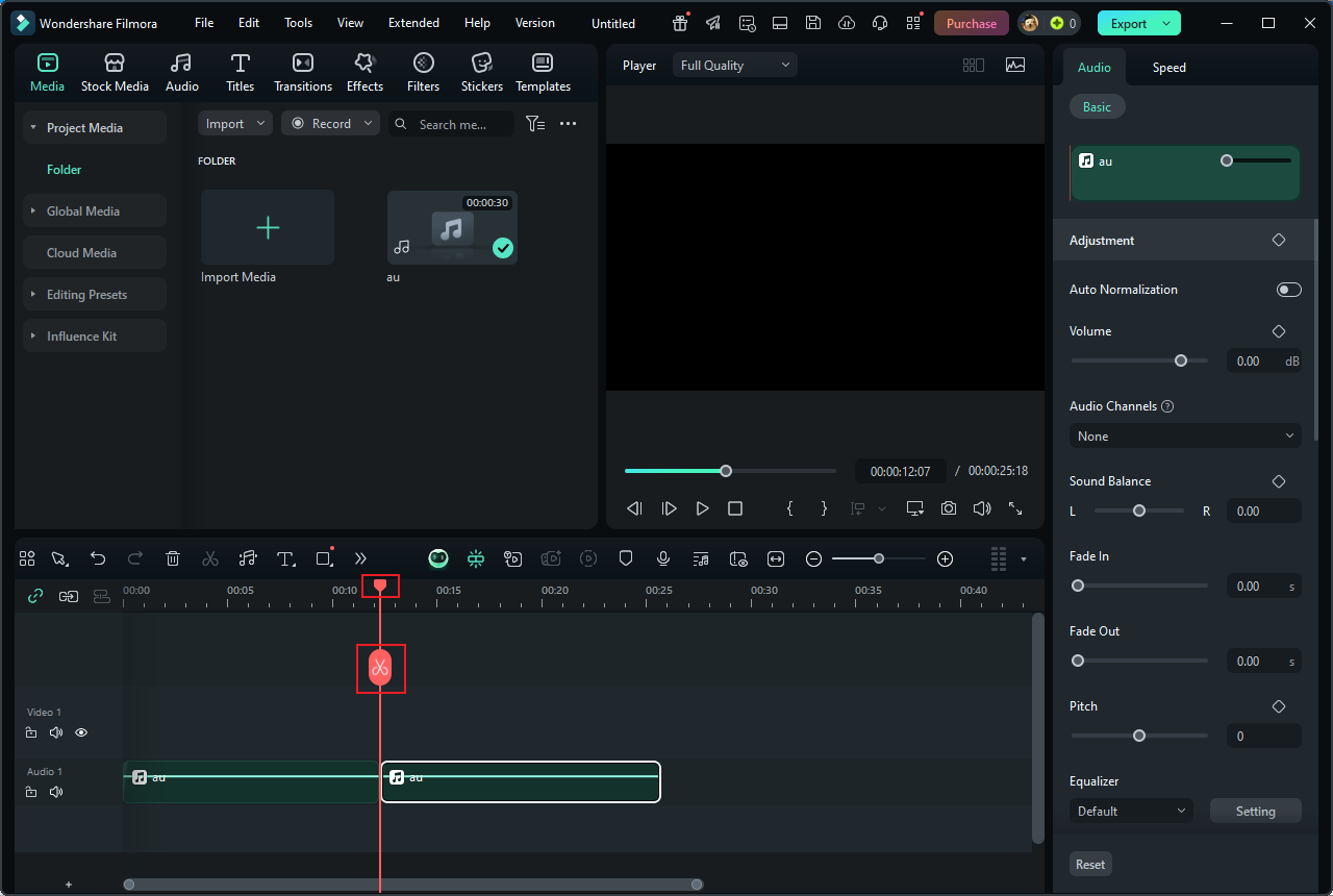 Split the AU file in Wondershare Filmora