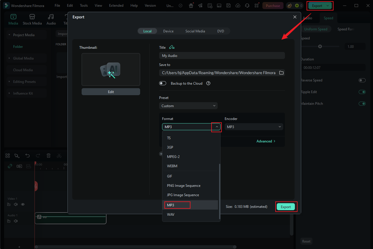 Select MP3 as the output format and click Export in Wondershare Filmora to save the audio file