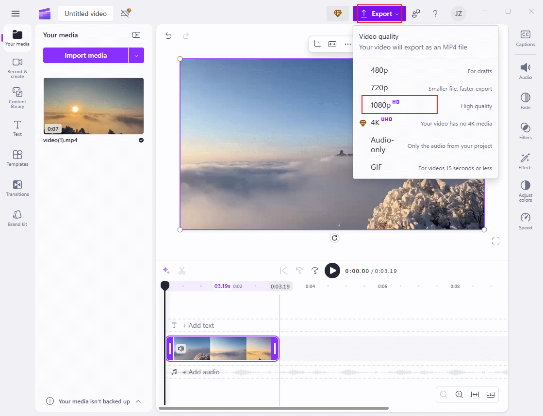 Click Export and choose 1080p in Clipchamp