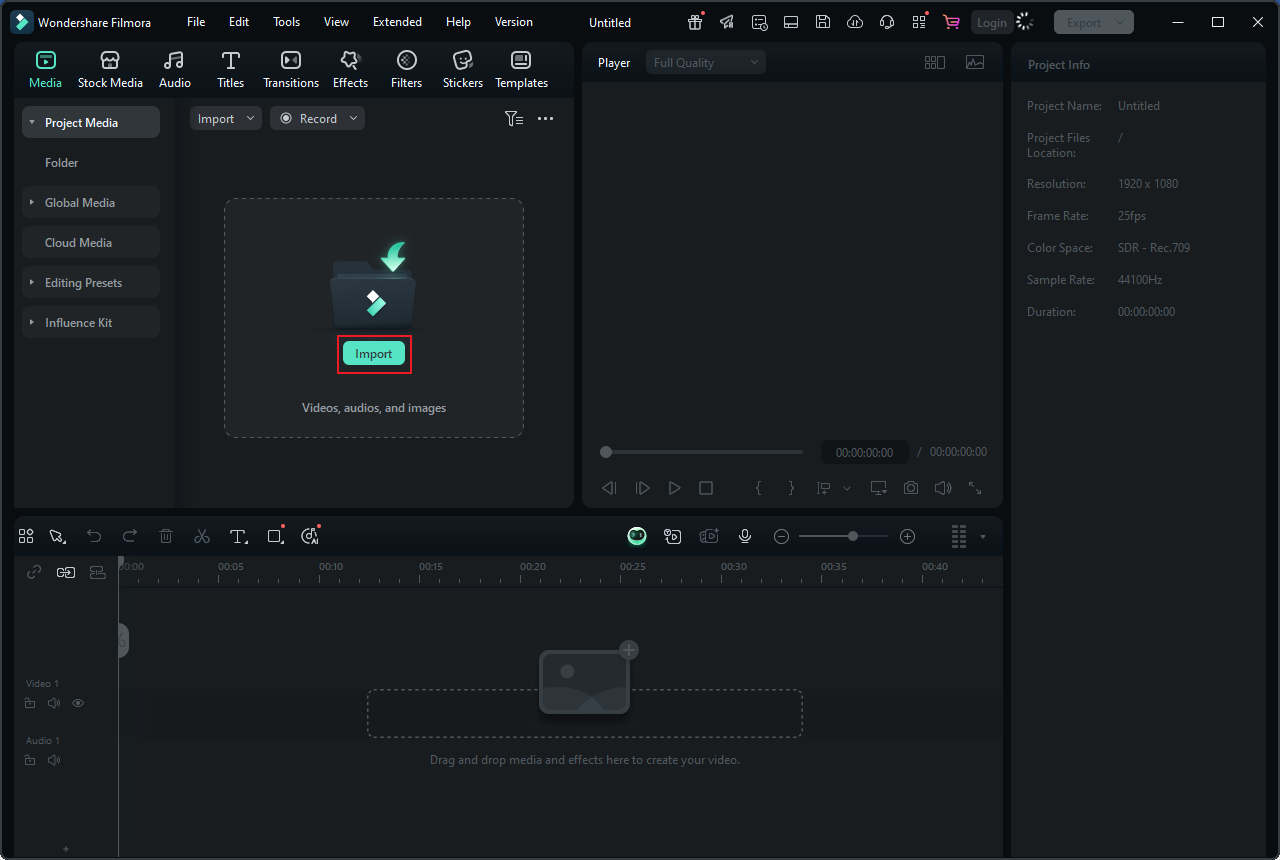 Click the Import option to add the MXF video to Wondershare Filmora