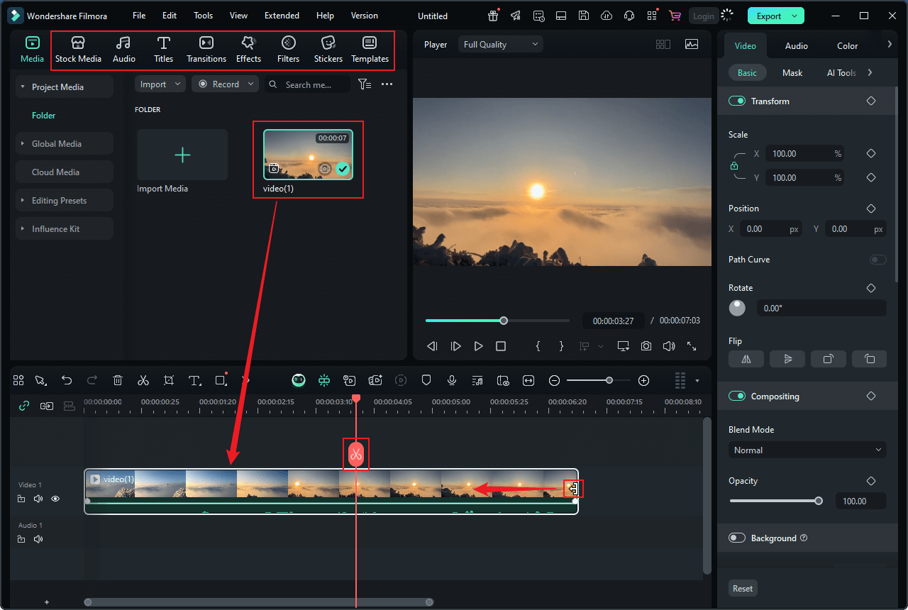 Drag the added MXF video to the timeline and edit the file in Wondershare Filmora