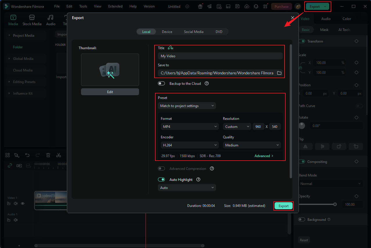 Set some settings for the edited video in Wondershare Filmora and export it