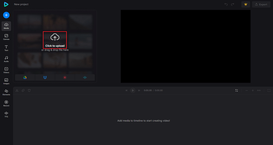 Click the Click to upload option to add the MXF video to Clideo