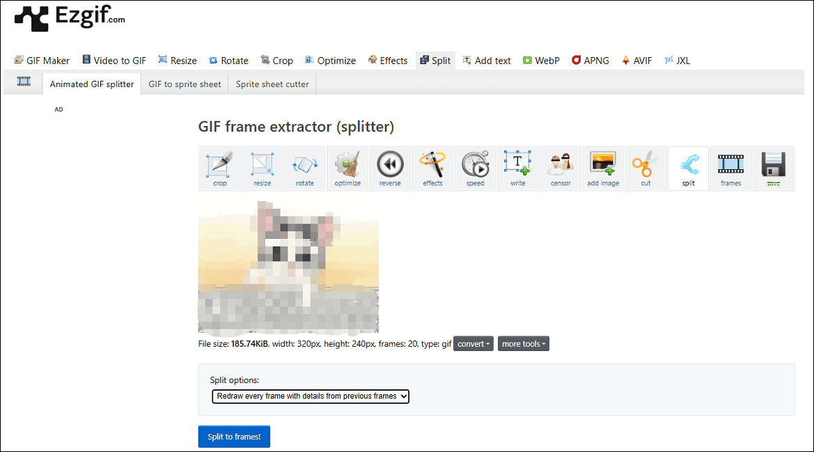 Extract frames from a GIF using Ezgif