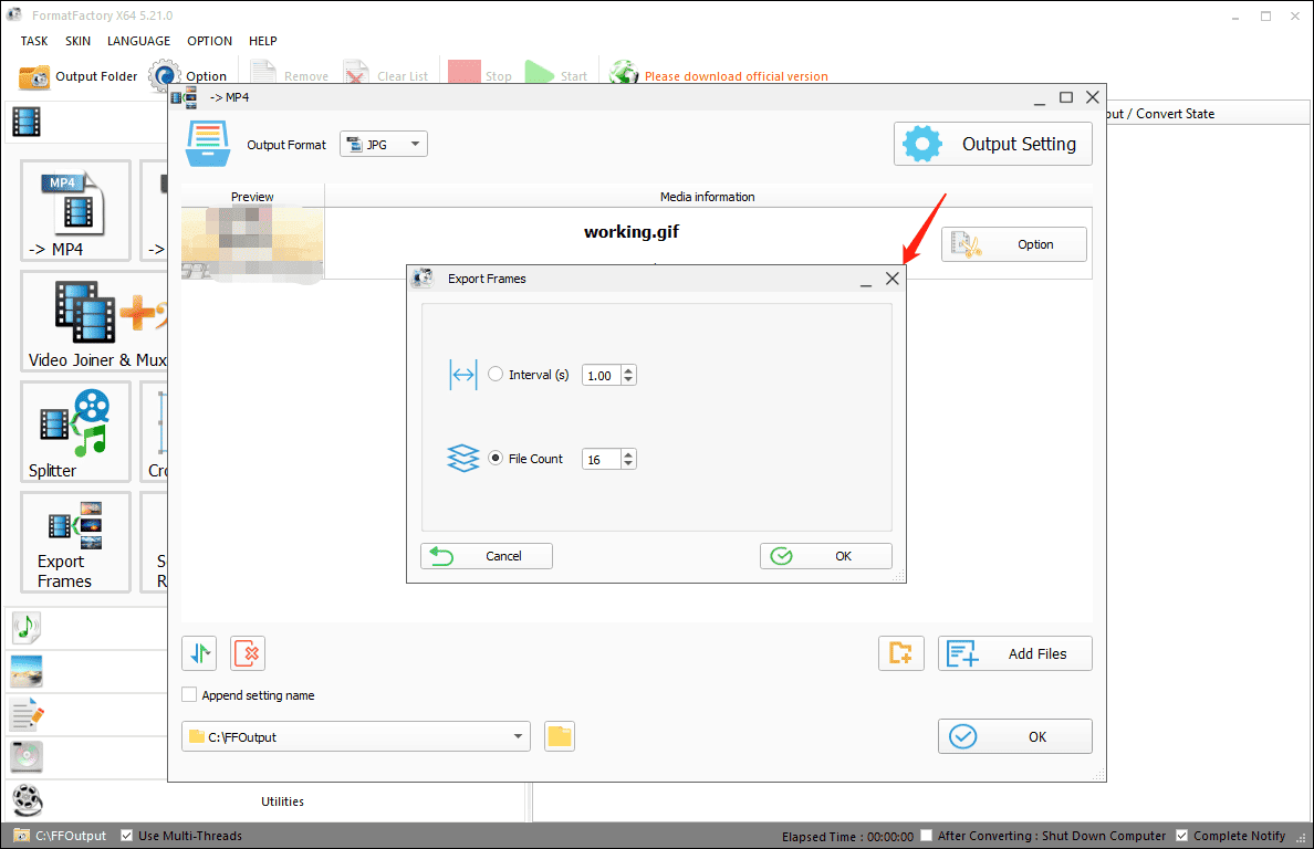 Extract frames from a GIF using FormatFactory