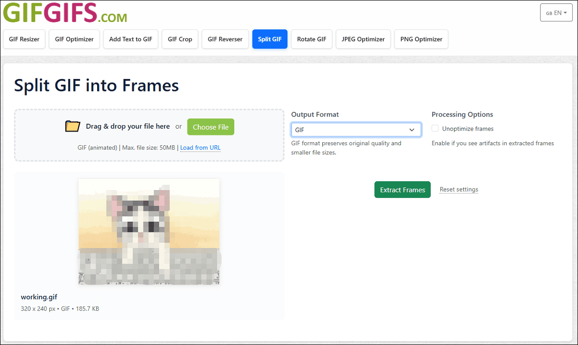 Extract frames from a GIF on GIFGIFS.com