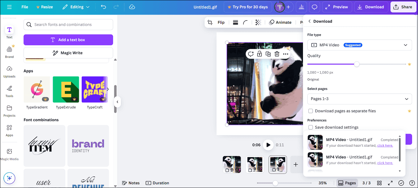 Convert a GIF to an MP4 file on Canva