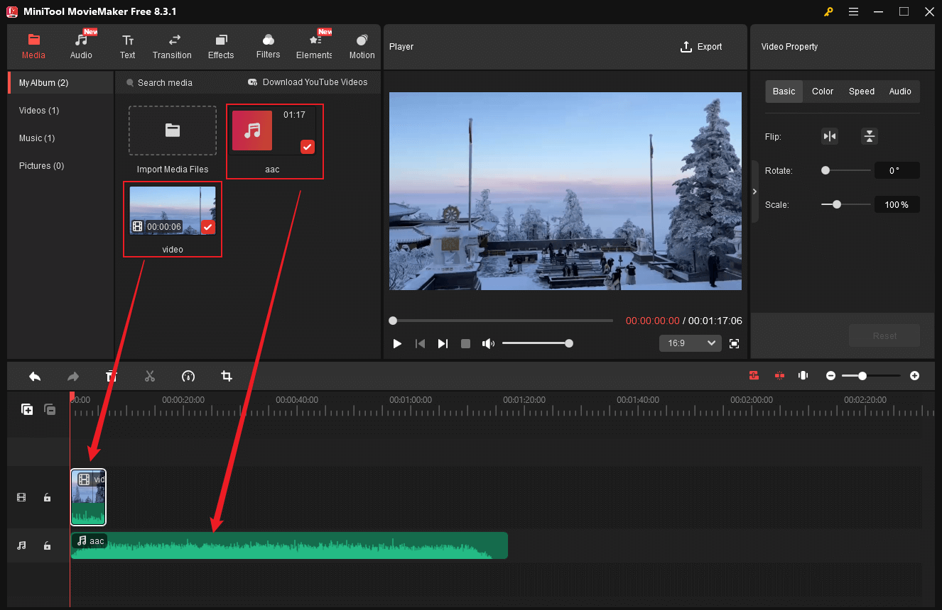 Drag and drop the video and audio to the timeline