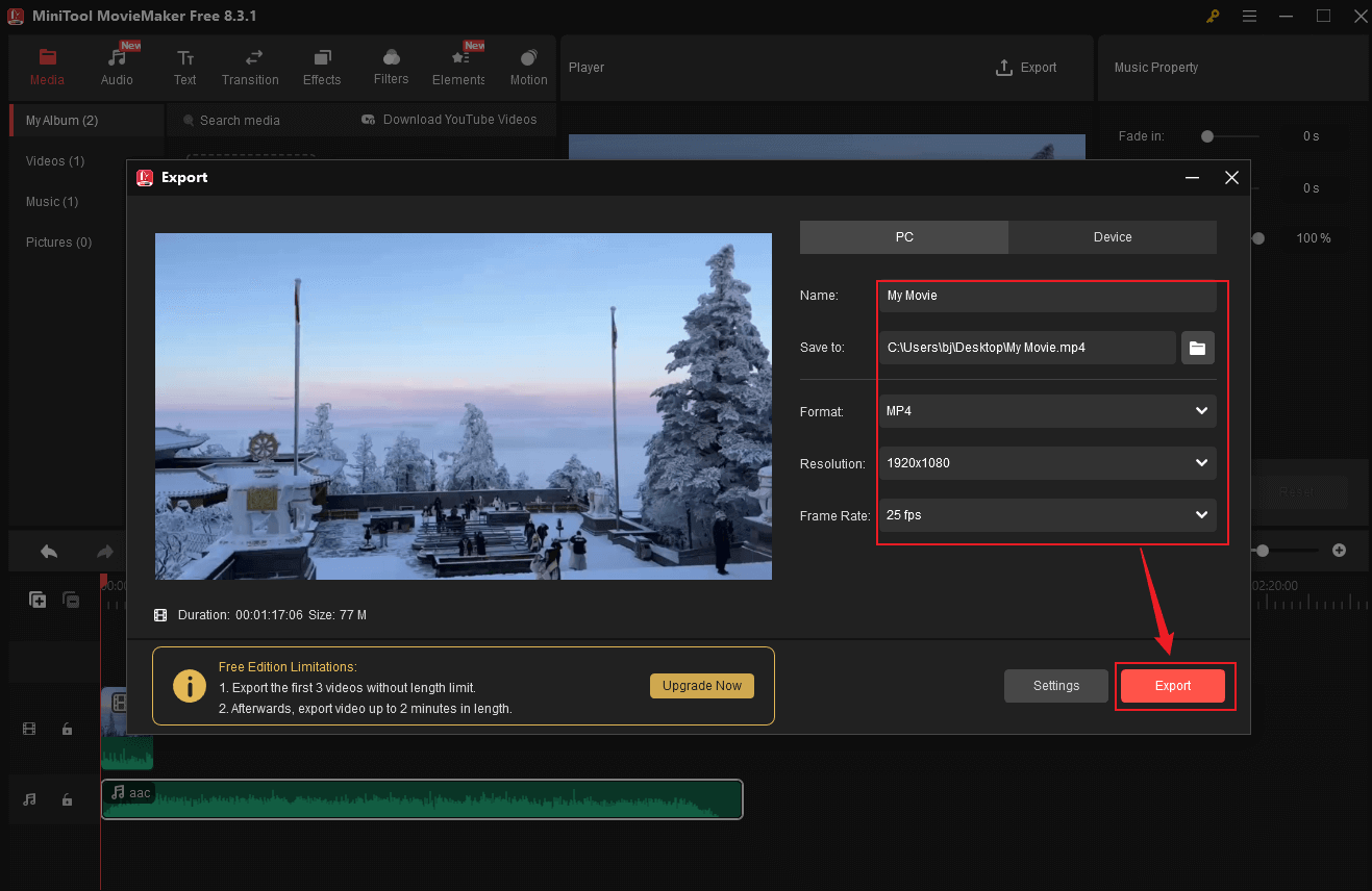 Adjust some settings for the video in MiniTool MovieMaker’s Export window
