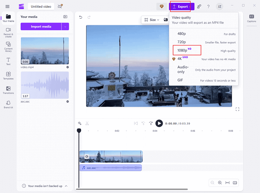 Click the Export button and select the output resolution in Clipchamp to export the video