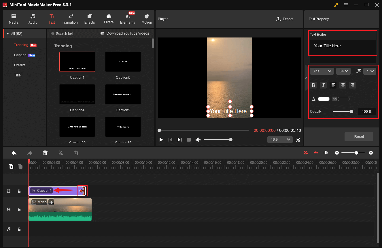 Adjust the caption settings in MiniTool MovieMaker