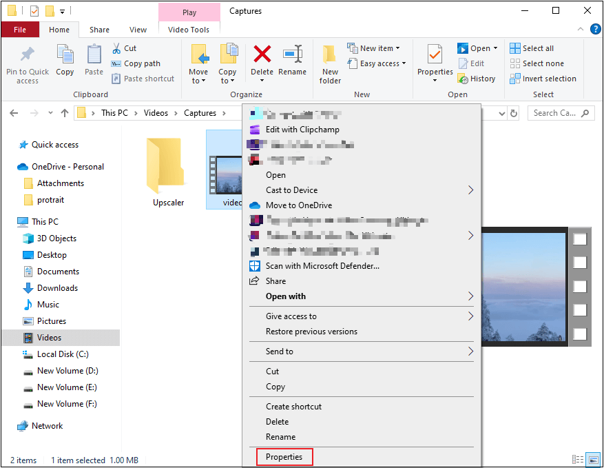 Right-click the video and choose Properties in File Explorer